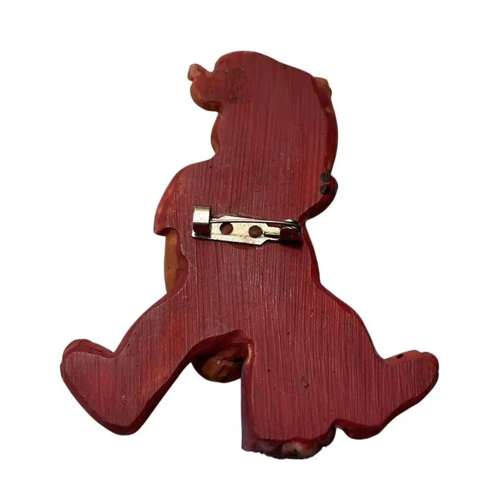 Vintage Clay Teddy Bear Brooch Hand Painted Folk Art Mama Bear Pin